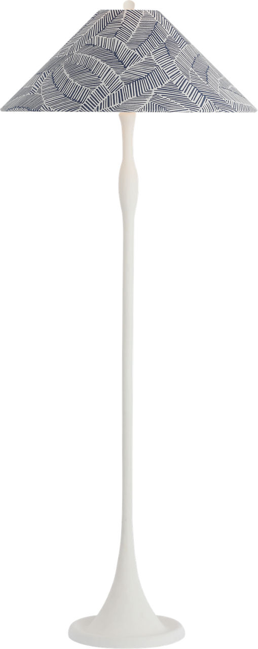 Romero Medium Floor Lamp in Plaster White with Schumacher 21" Navy Abstract Leaf Flare Shade