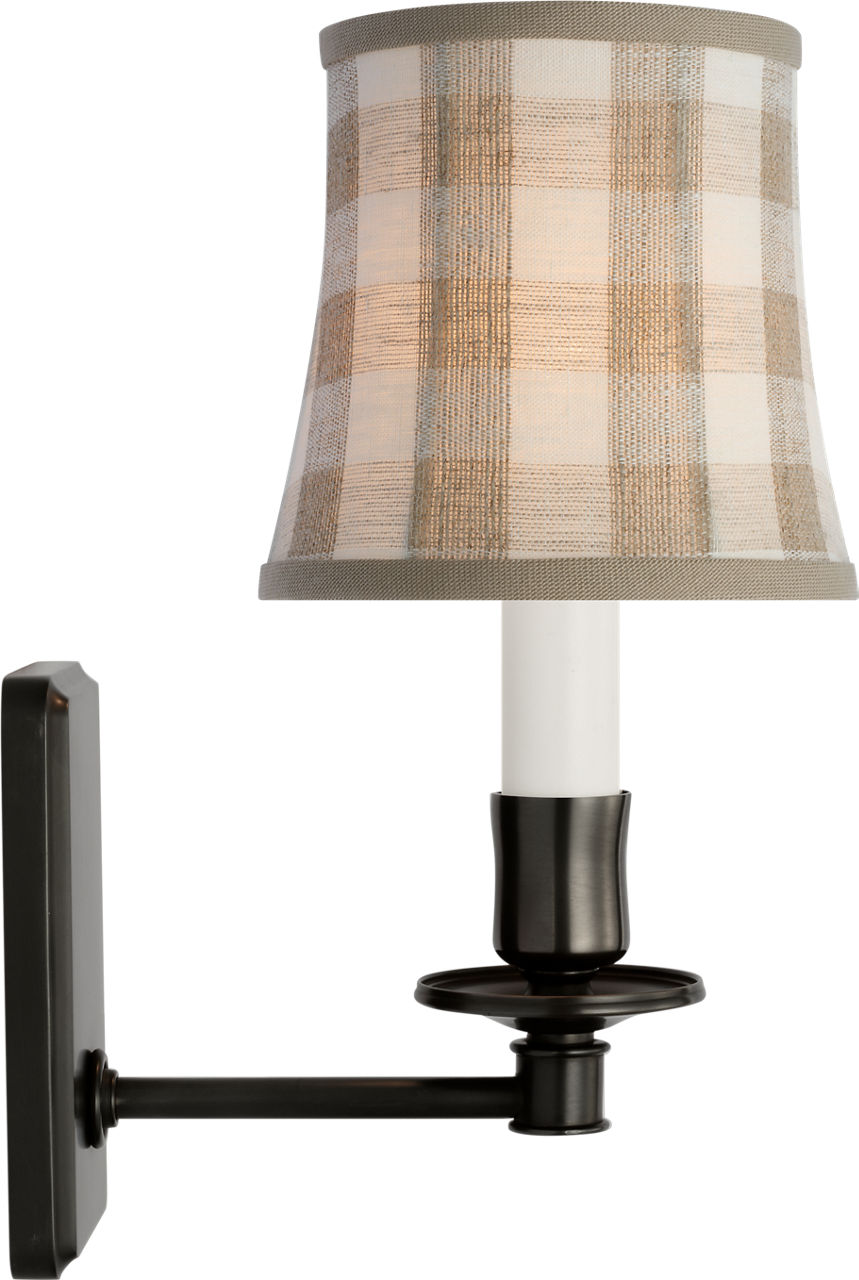 Tara 12" Sconce in Bronze with Schumacher Natural Sidney Check Soft Empire Shade