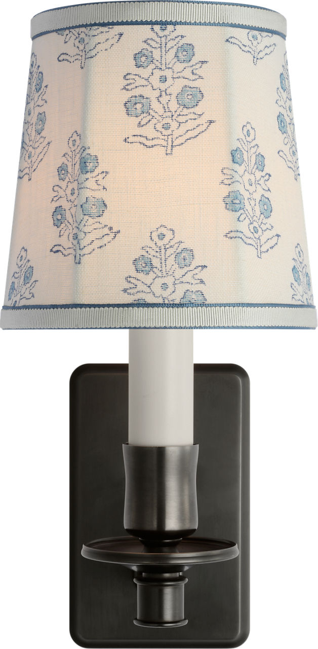 Tara 12" Sconce in Bronze with Schumacher Blue Aditi Soft Empire Shade