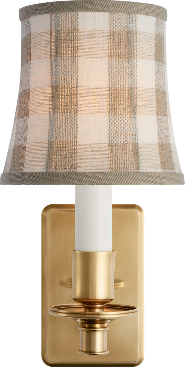 Tara 12" Sconce in Hand-Rubbed Antique Brass with Schumacher Natural Sidney Check Soft Empire Shade
