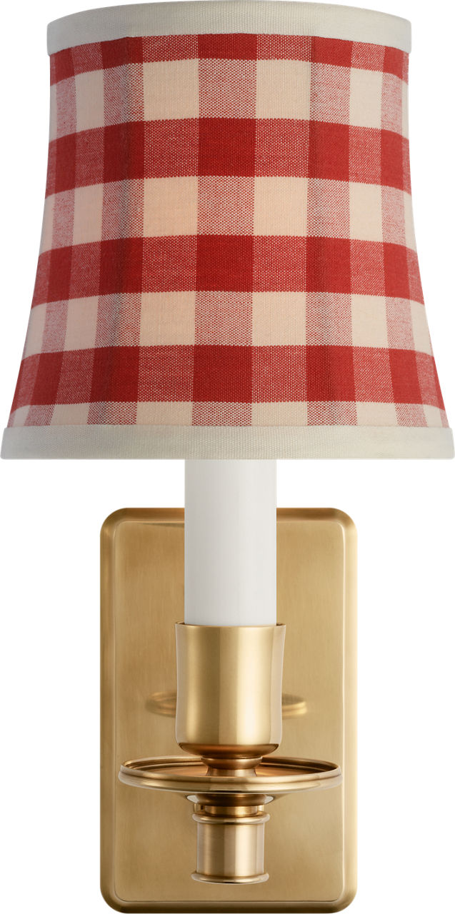 Tara 12" Sconce in Hand-Rubbed Antique Brass with Schumacher Red Elton Check Soft Empire Shade