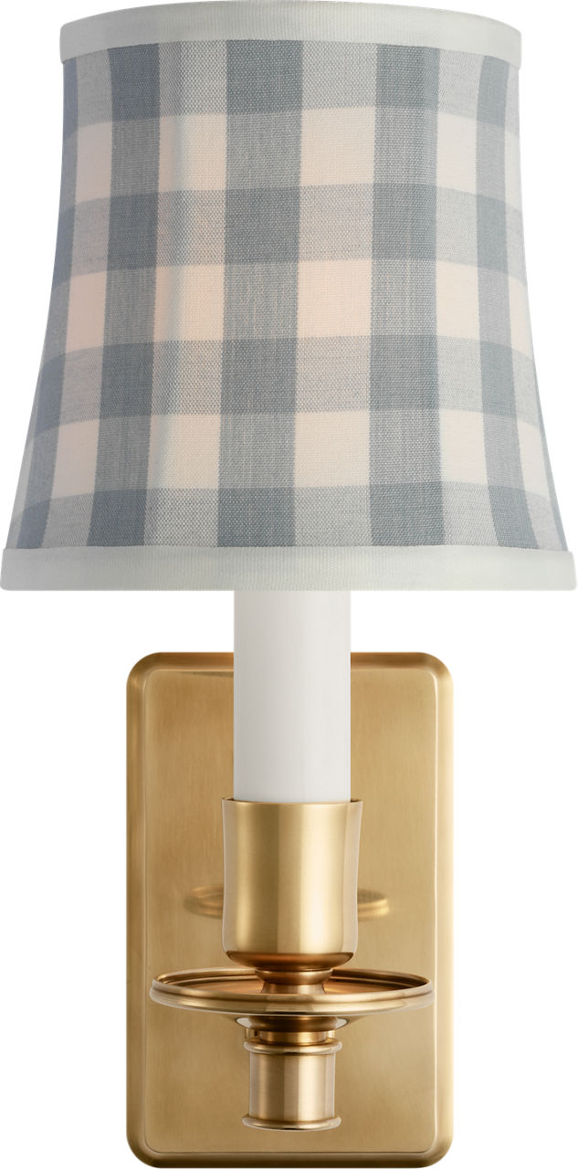 Tara 12" Sconce in Hand-Rubbed Antique Brass with Schumacher Sky Elton Check Soft Empire Shade
