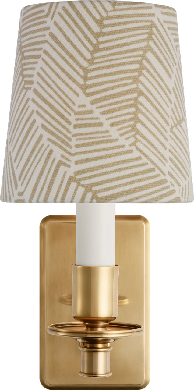 Tara 12" Sconce in Hand-Rubbed Antique Brass with Schumacher Taupe Abstract Leaf Empire Shade