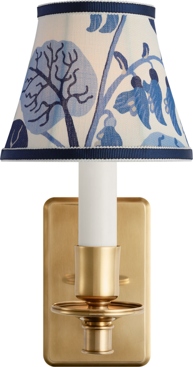 Tara 11" Sconce in Hand-Rubbed Antique Brass with Schumacher Marine Exotic Butterfly Bell Empire Shade
