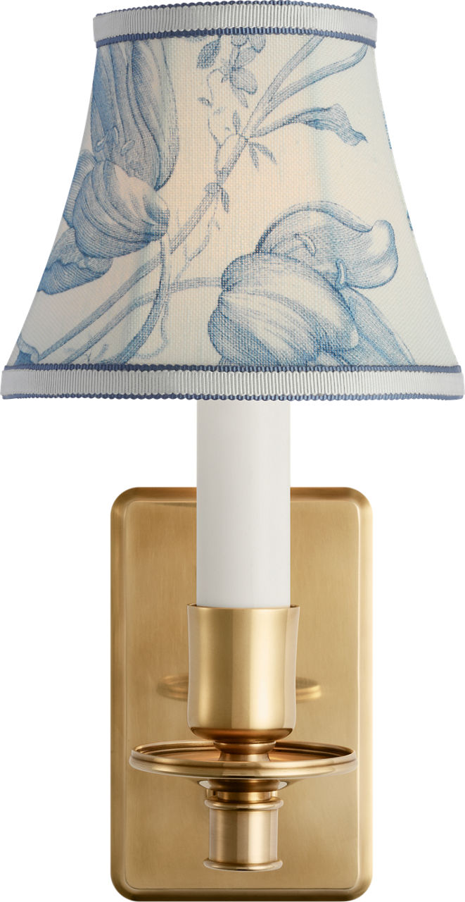 Tara 11" Sconce in Hand-Rubbed Antique Brass with Schumacher Delft Toile De Fleurs Bell Empire Shade