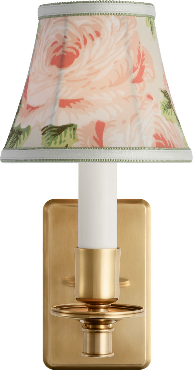 Tara 11" Sconce in Hand-Rubbed Antique Brass with Schumacher Blush Salisbury Chintz Bell Empire Shade