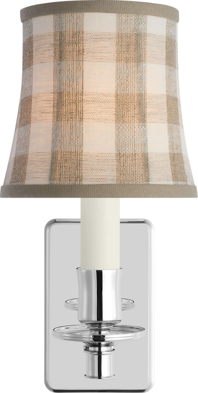 Tara 12" Sconce in Polished Nickel with Schumacher Natural Sidney Check Soft Empire Shade