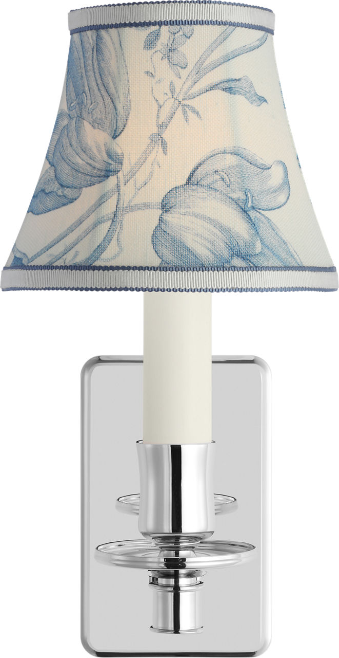 Tara 11" Sconce in Polished Nickel with Schumacher Delft Toile De Fleurs Bell Empire Shade