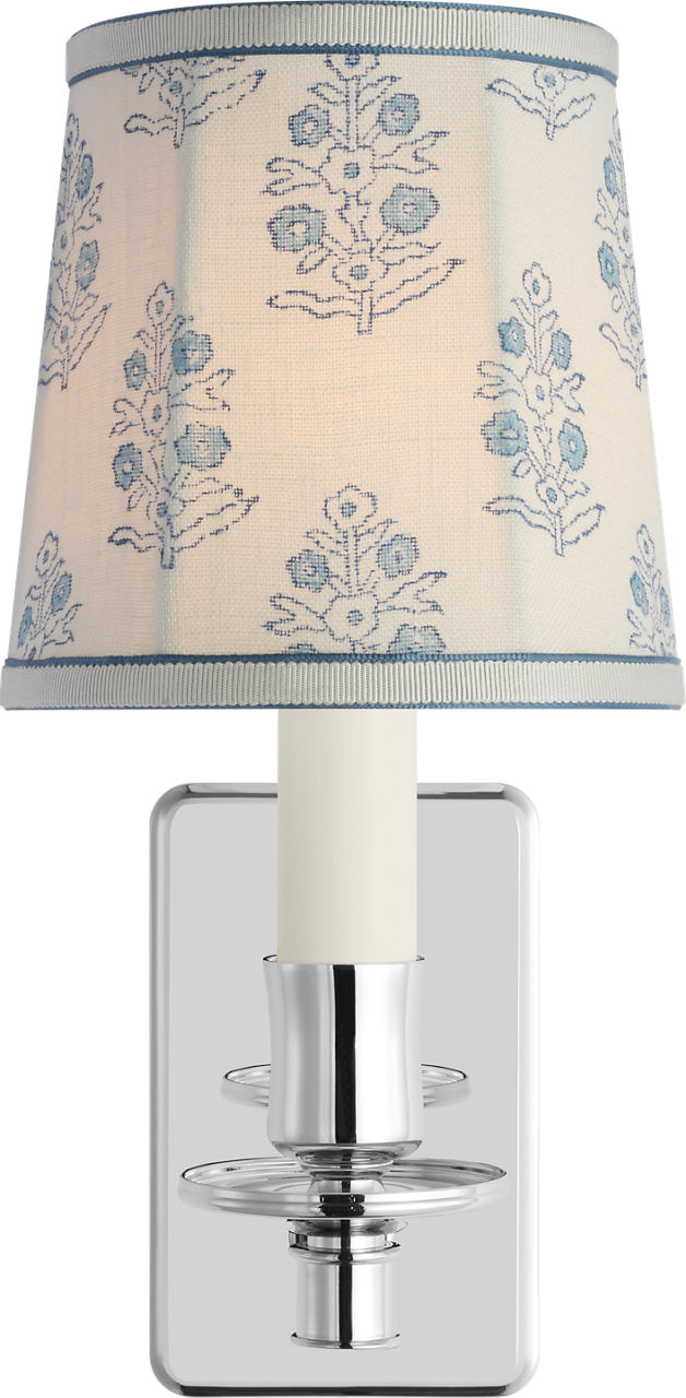 Tara 12" Sconce in Polished Nickel with Schumacher Blue Aditi Soft Empire Shade