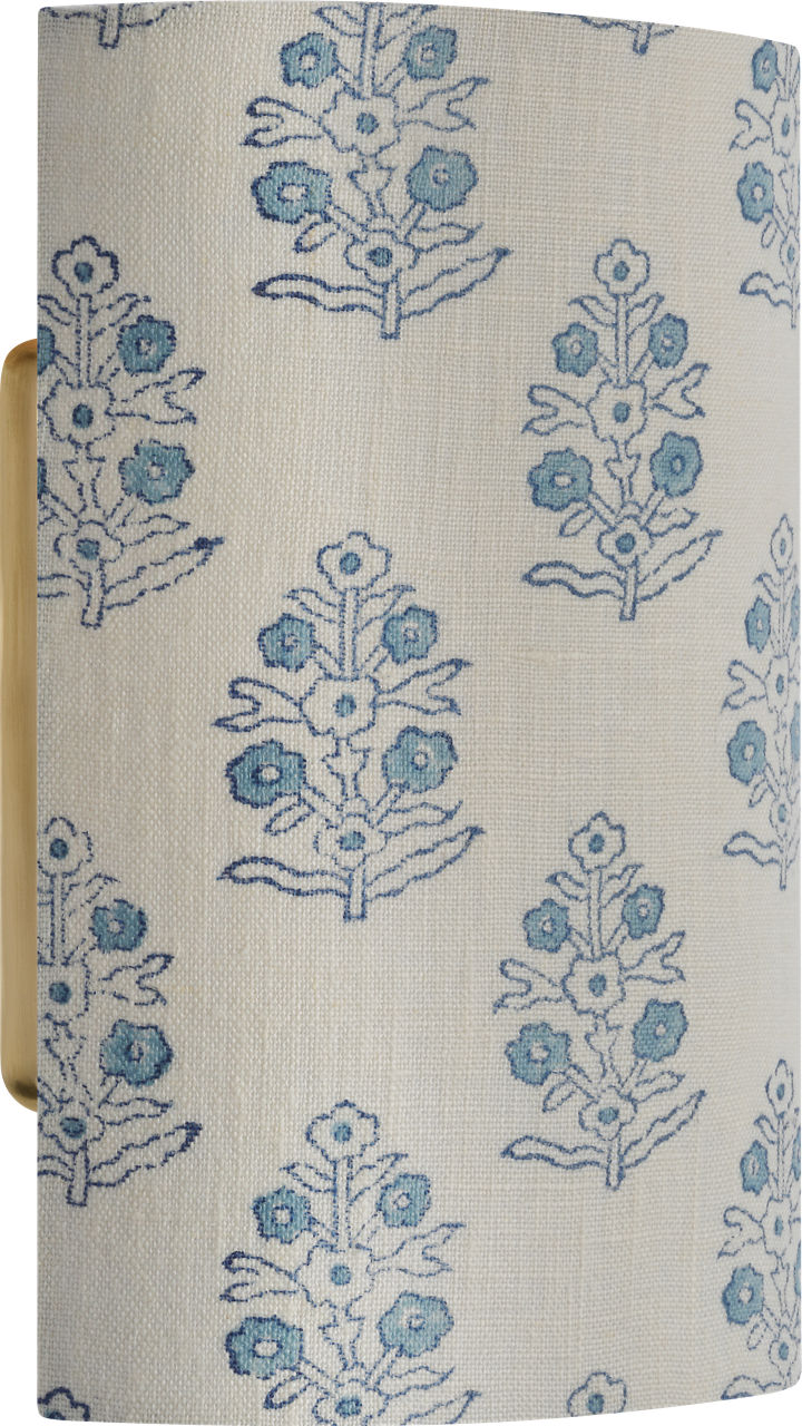 Maeve 8" Shield Sconce in Hand-Rubbed Antique Brass with Schumacher Blue Aditi Shield