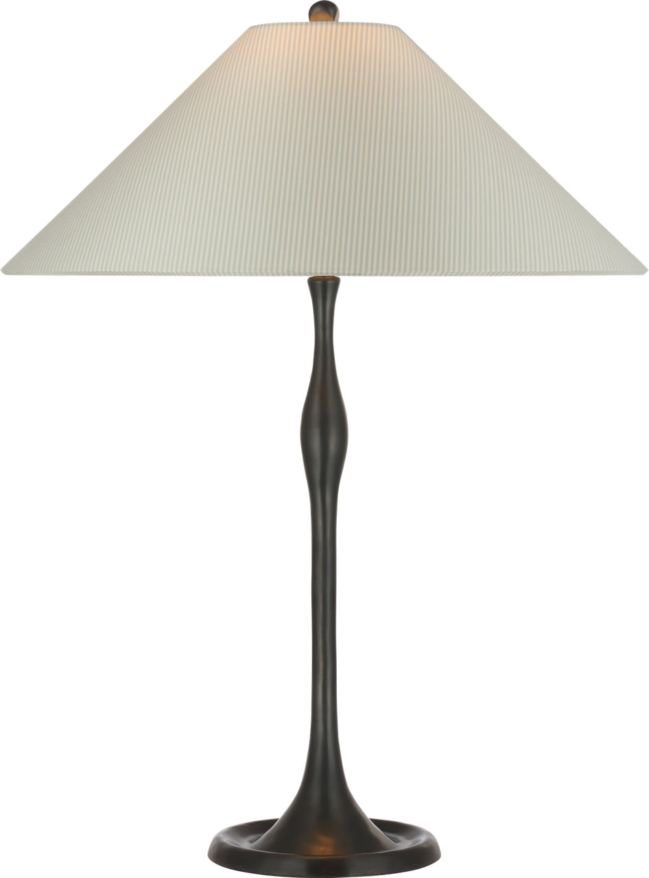 Romero Medium Table Lamp in Bronze with Schumacher 19" Blue Charee Stripe Flare Shade
