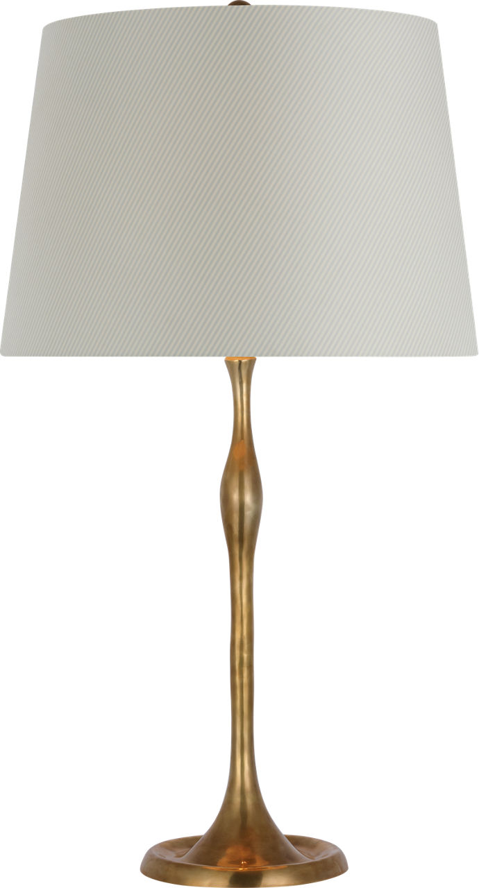 Romero Medium Table Lamp in Hand-Rubbed Antique Brass with Schumacher 16" Blue Charee Stripe Empire Shade