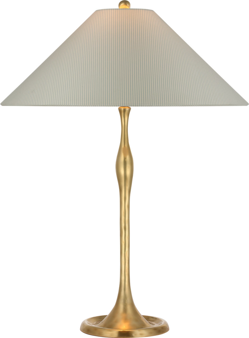 Romero Medium Table Lamp in Hand-Rubbed Antique Brass with Schumacher 19" Blue Charee Stripe Flare Shade