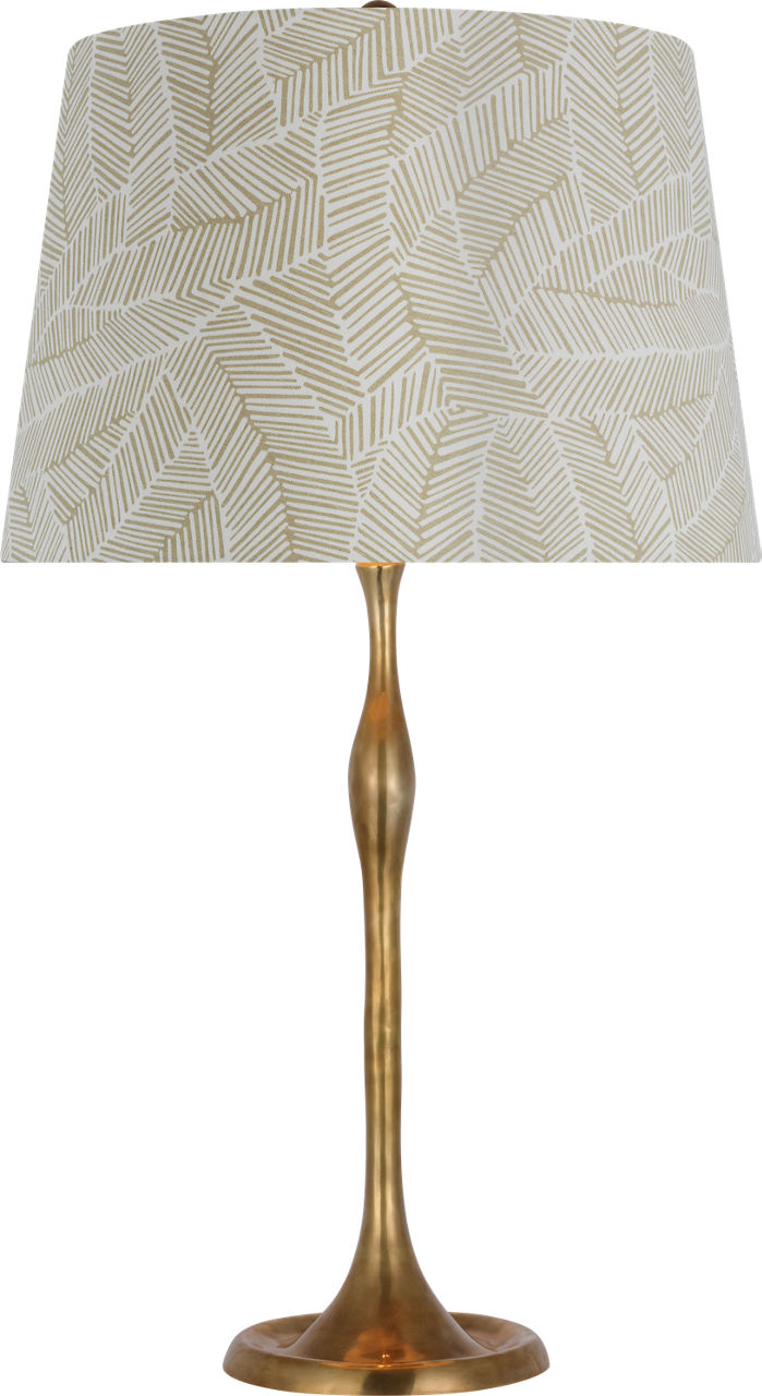 Romero Medium Table Lamp in Hand-Rubbed Antique Brass with Schumacher 16" Taupe Abstract Leaf Empire Shade