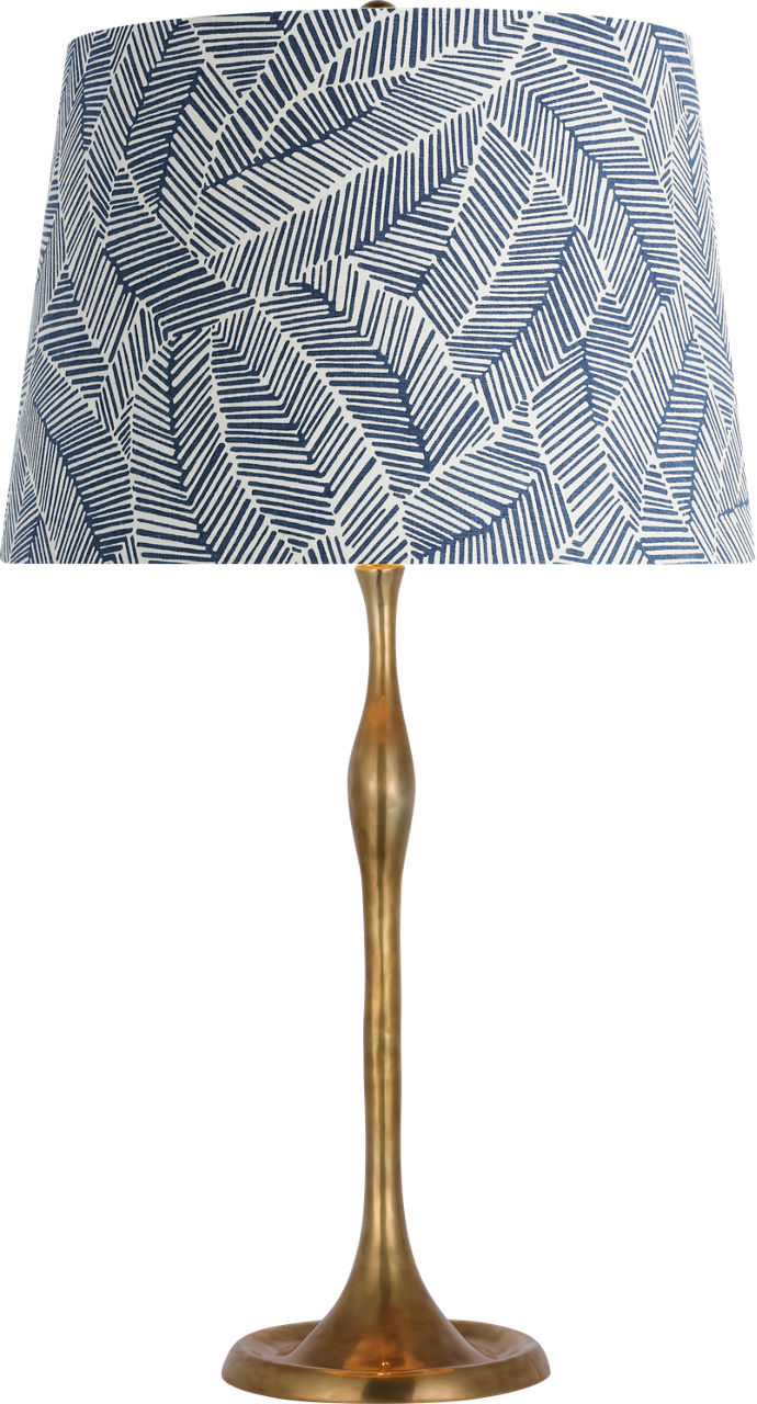 Romero Medium Table Lamp in Hand-Rubbed Antique Brass with Schumacher 16" Navy Abstract Leaf Empire Shade