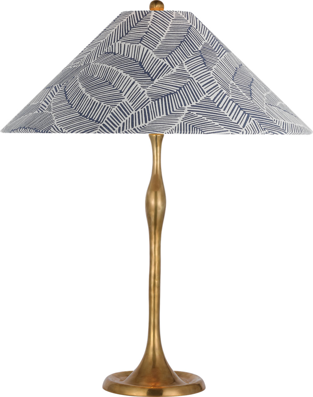 Romero Medium Table Lamp in Hand-Rubbed Antique Brass with Schumacher 19" Navy Abstract Leaf Flare Shade