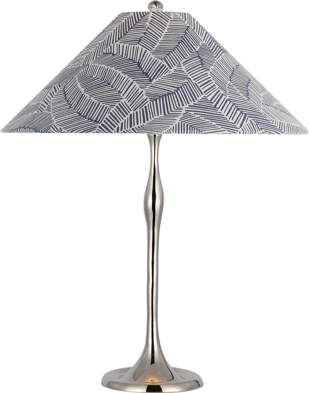 Romero Medium Table Lamp in Polished Nickel with Schumacher 19" Navy Abstract Leaf Flare Shade