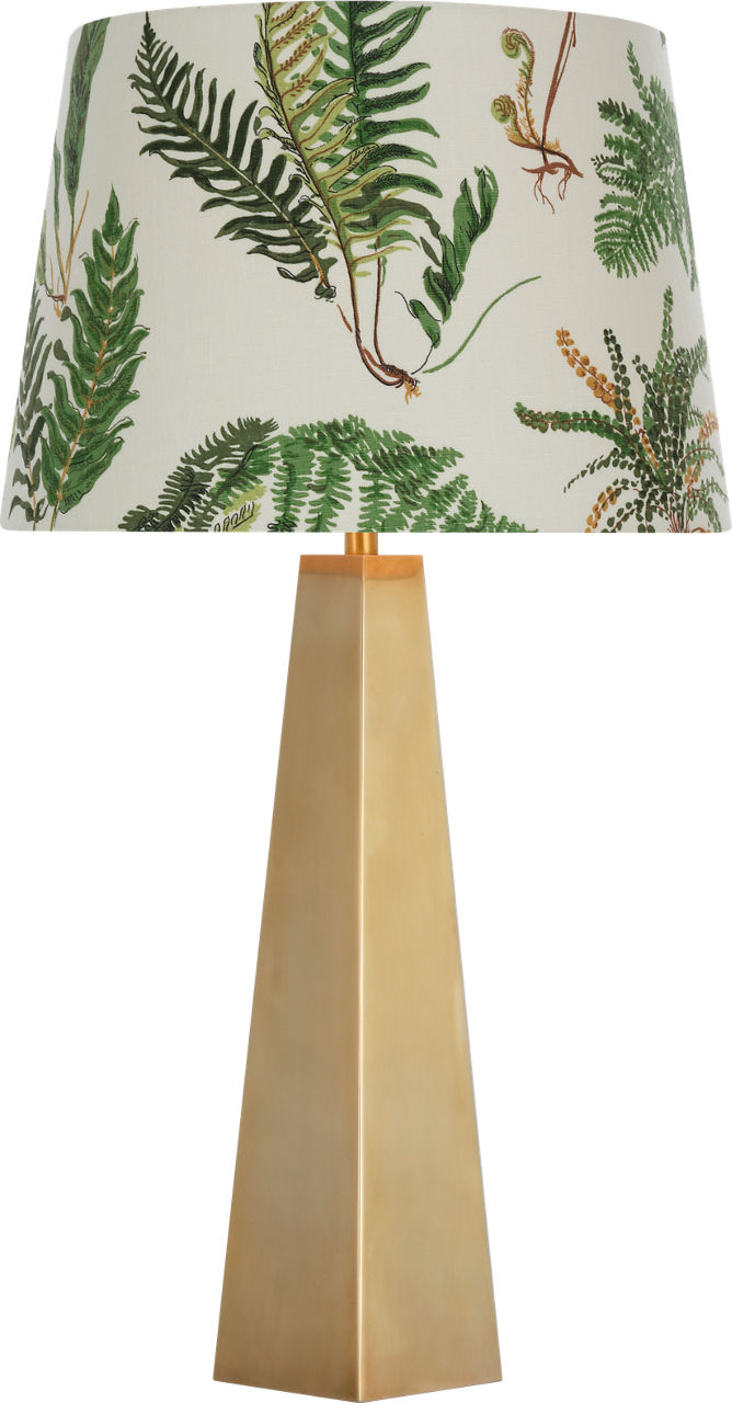 Zoran Medium Table Lamp in Hand-Rubbed Antique Brass with Schumacher 16" Document Les Fougeres Empire Shade