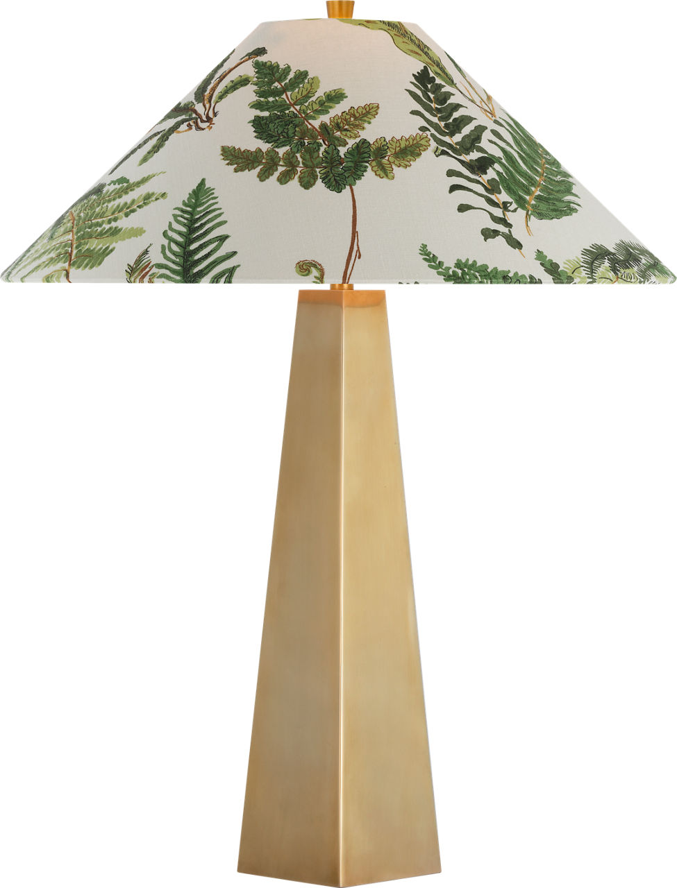 Zoran Medium Table Lamp in Hand-Rubbed Antique Brass with Schumacher 21" Document Les Fougeres Flare Shade