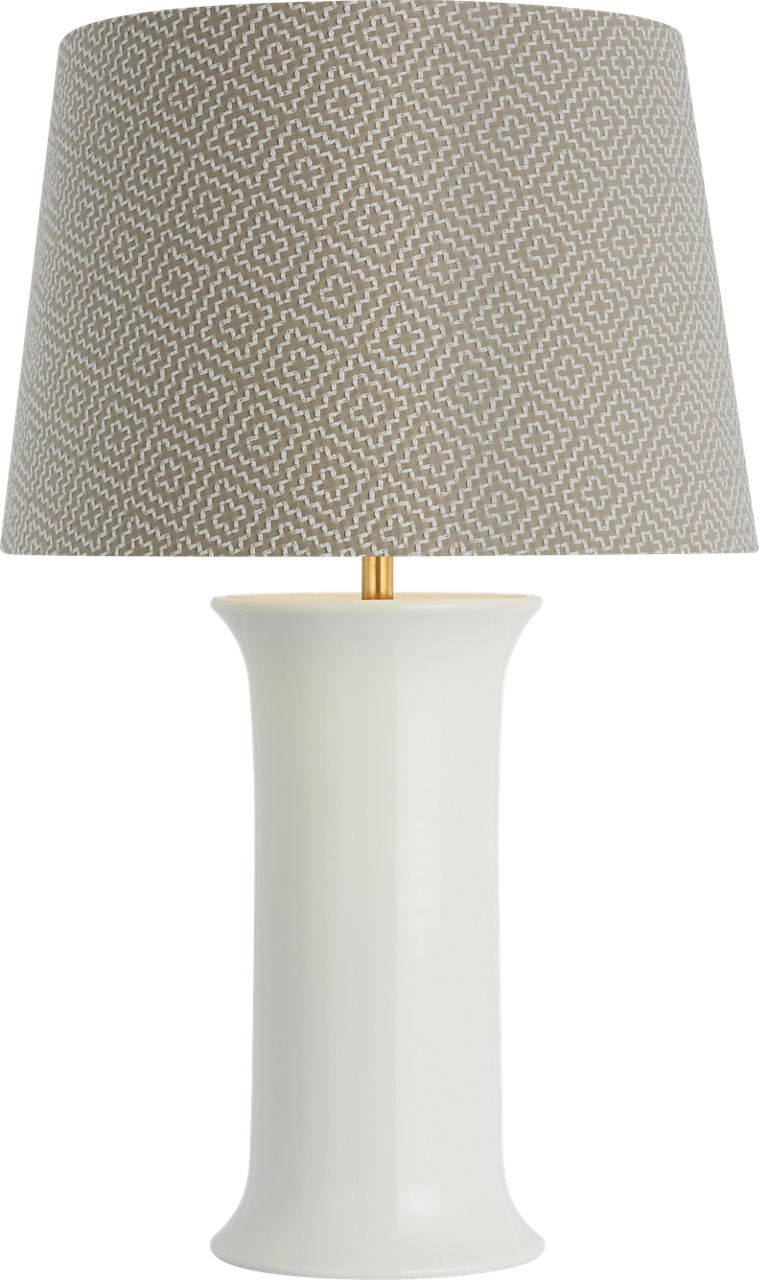 Mallory Medium Table Lamp in White Porcelain with Schumacher 18" Dove Soho Weave Empire Shade