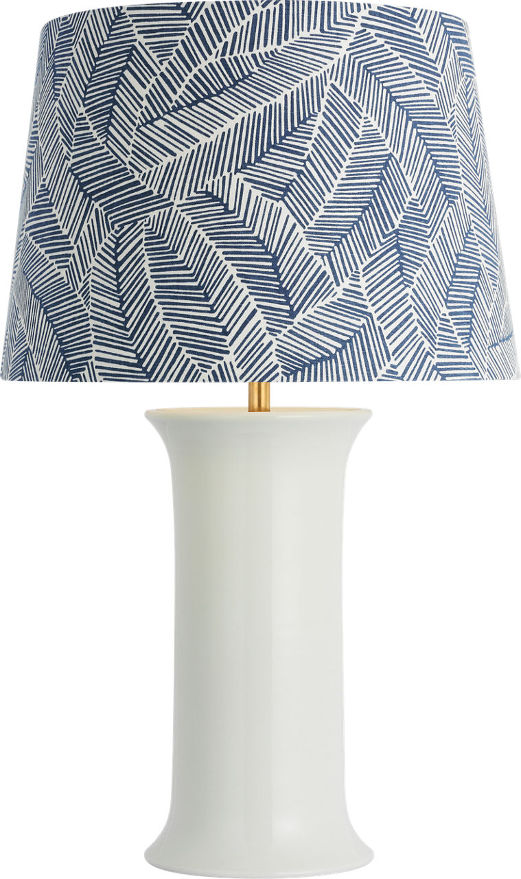 Mallory Medium Table Lamp in White Porcelain with Schumacher 18" Navy Abstract Leaf Empire Shade