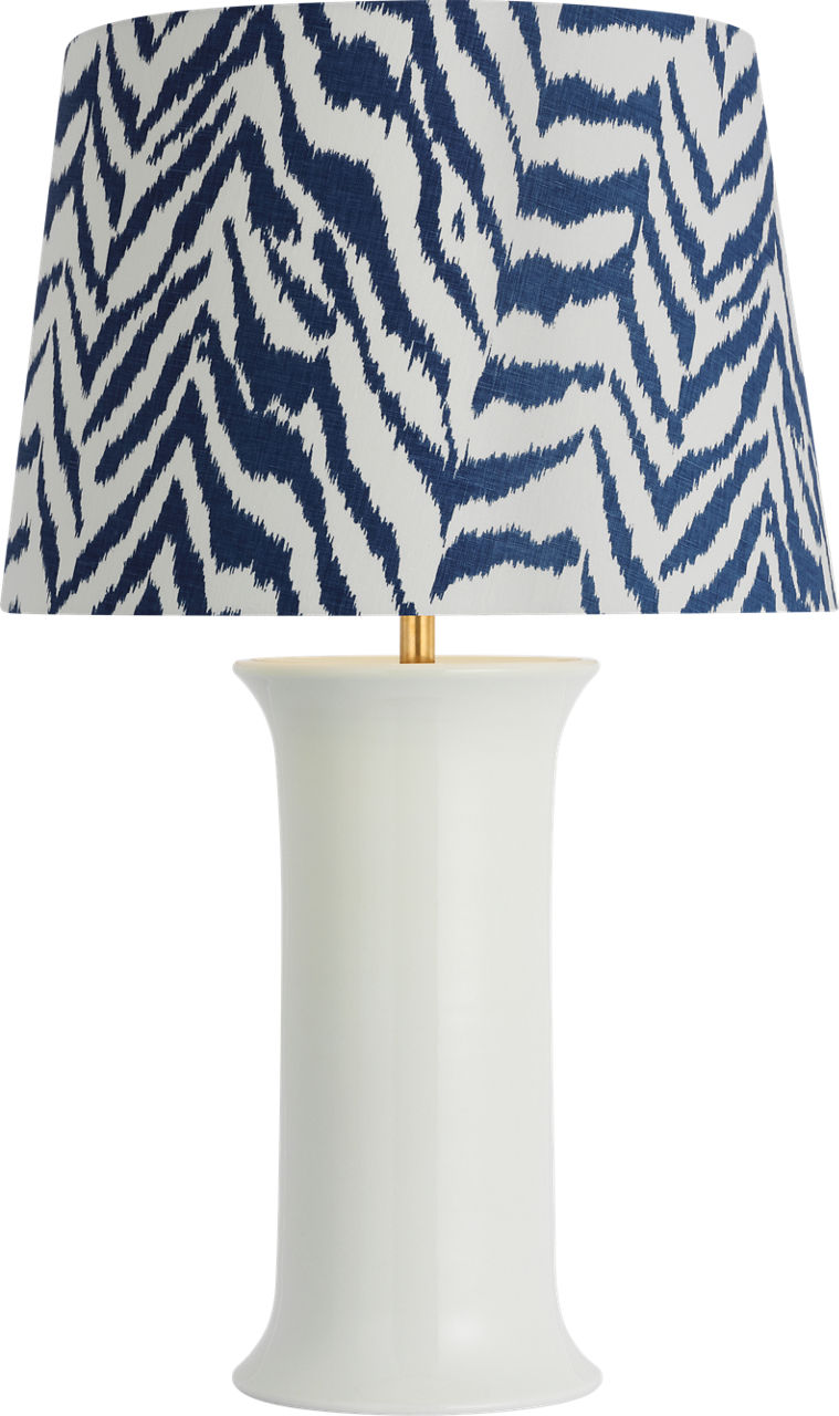 Mallory Medium Table Lamp in White Porcelain with Schumacher 18" Blue Quincy Empire Shade