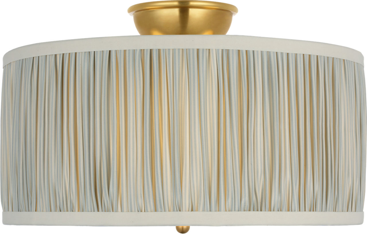 Cheever 15" Flush Mount in Hand-Rubbed Antique Brass with Schumacher Blue Charee Stripe Pleated Shade