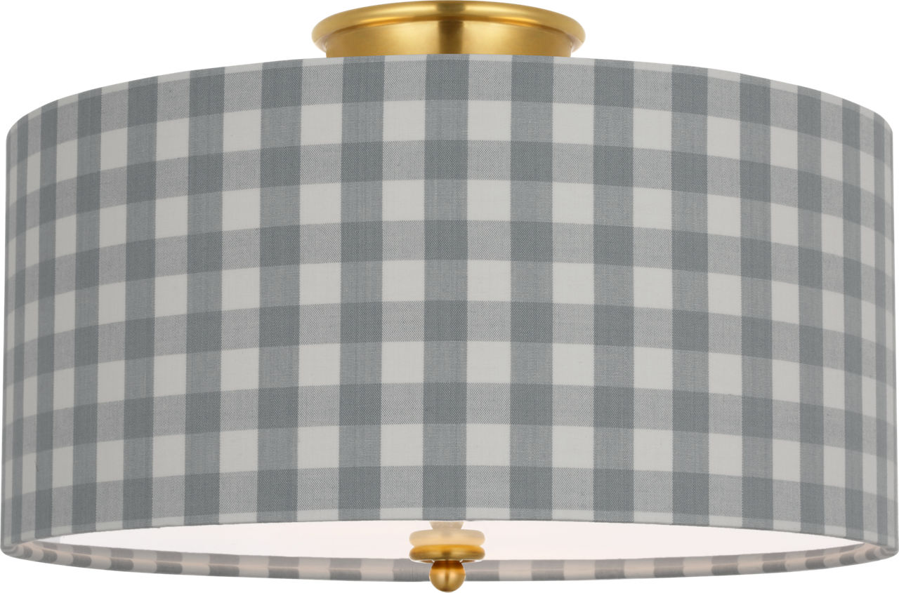 Cheever 15" Flush Mount in Hand-Rubbed Antique Brass with Schumacher Sky Elton Check Shade