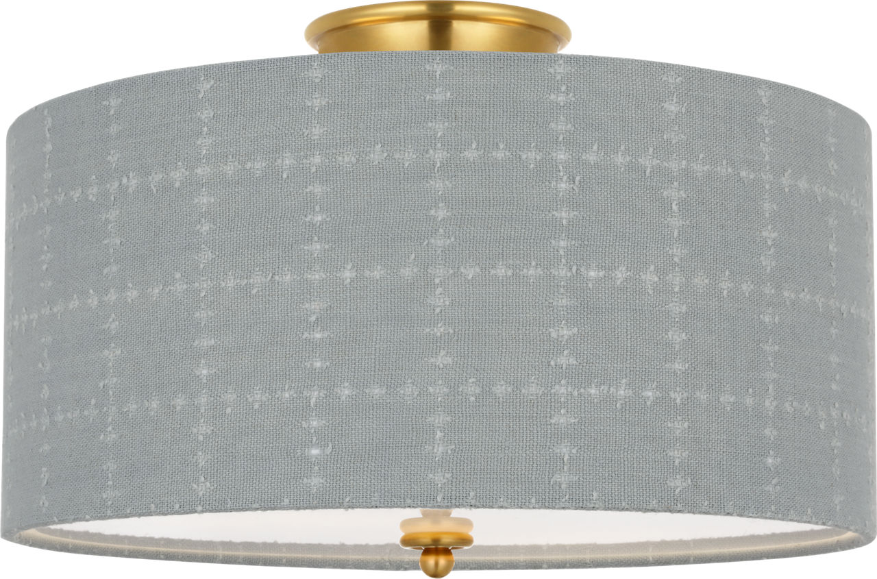 Cheever 15" Flush Mount in Hand-Rubbed Antique Brass with Schumacher Sky Elin Check Shade