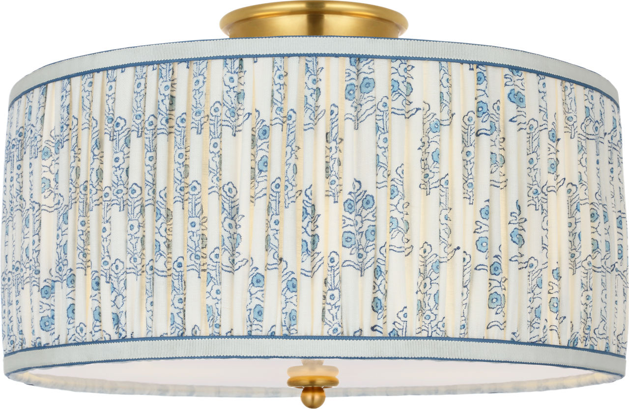Cheever 15" Flush Mount in Hand-Rubbed Antique Brass with Schumacher Blue Aditi Pleated Shade