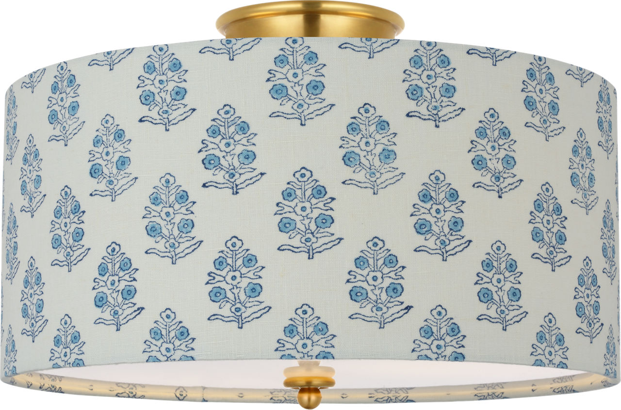 Cheever 15" Flush Mount in Hand-Rubbed Antique Brass with Schumacher Blue Aditi Shade