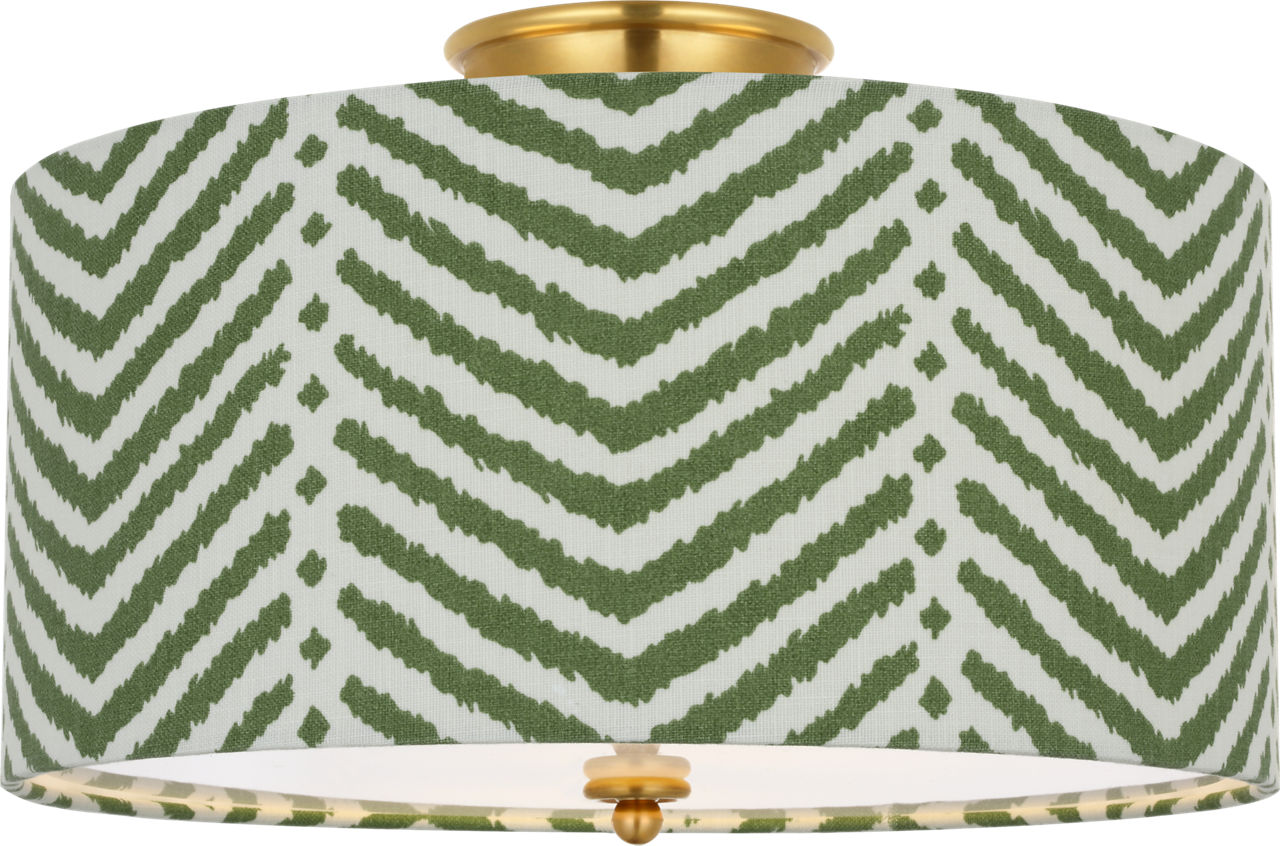 Cheever 15" Flush Mount in Hand-Rubbed Antique Brass with Schumacher Verde La Jolla Shade