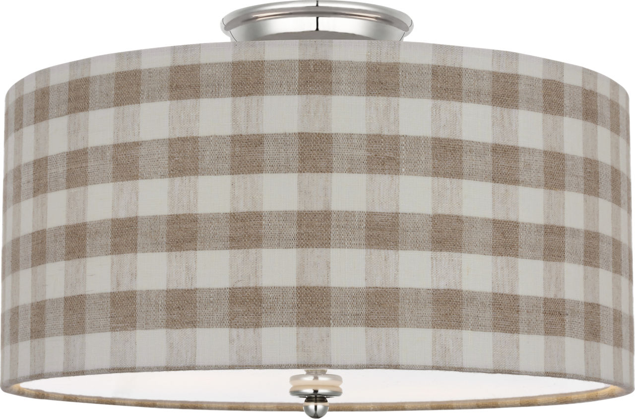 Cheever 15" Flush Mount in Polished Nickel with Schumacher Natural Sidney Check Shade