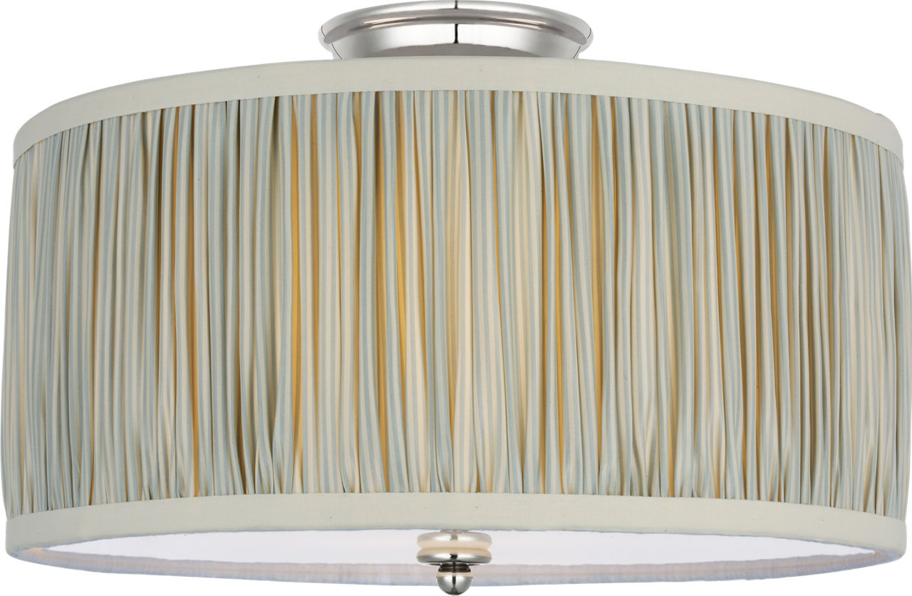 Cheever 15" Flush Mount in Polished Nickel with Schumacher Blue Charee Stripe Pleated Shade