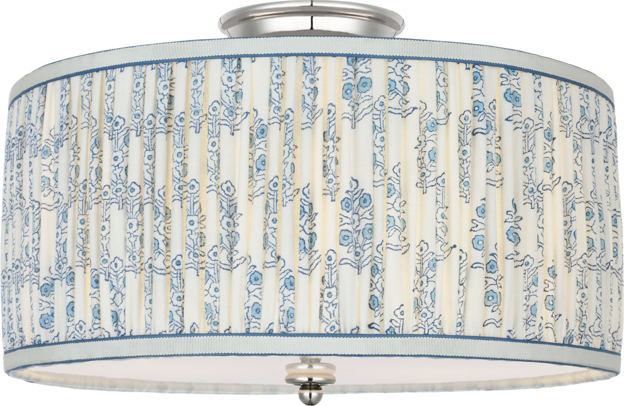 Cheever 15" Flush Mount in Polished Nickel with Schumacher Blue Aditi Pleated Shade