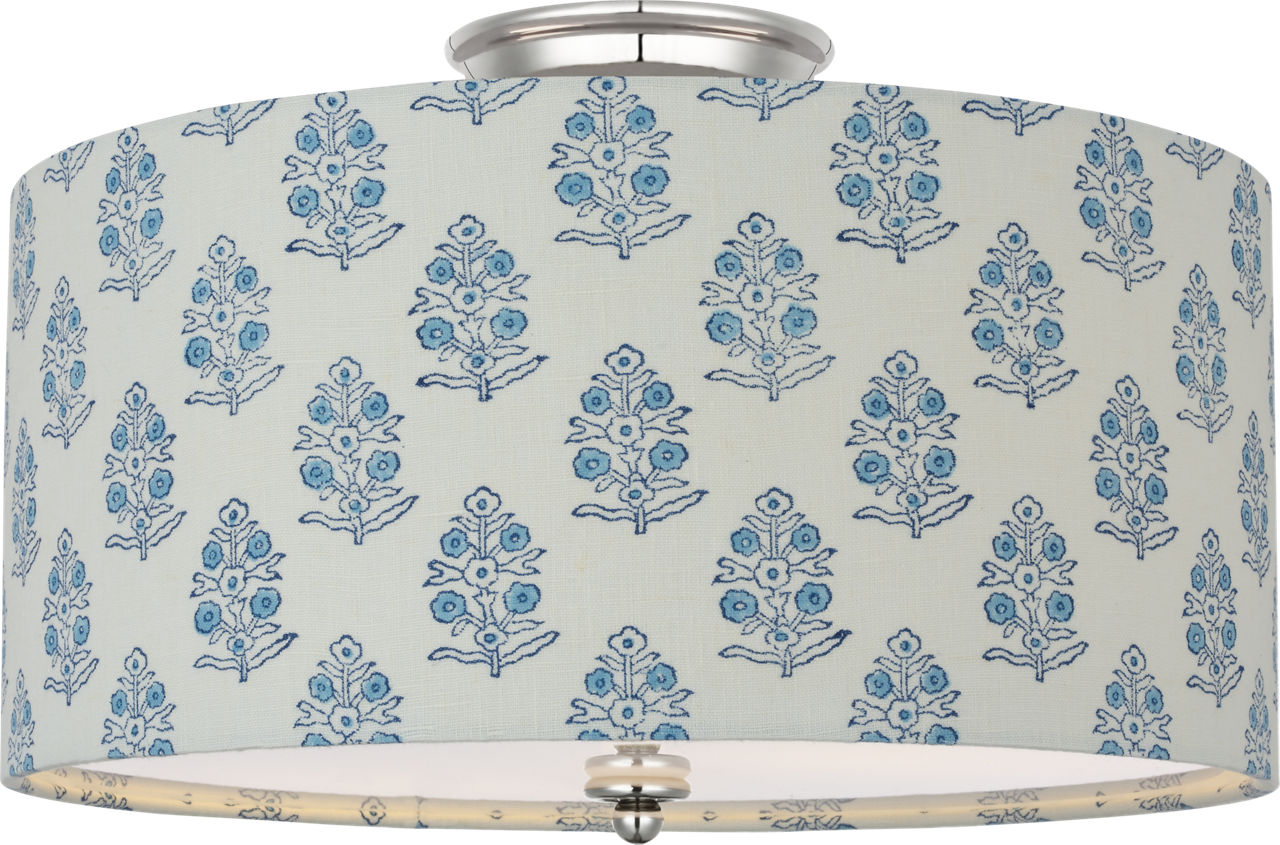 Cheever 15" Flush Mount in Polished Nickel with Schumacher Blue Aditi Shade