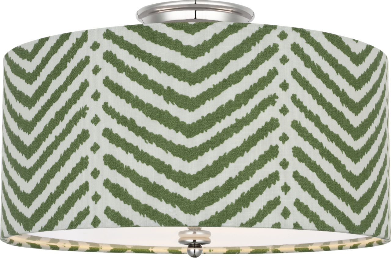 Cheever 15" Flush Mount in Polished Nickel with Schumacher Verde La Jolla Shade