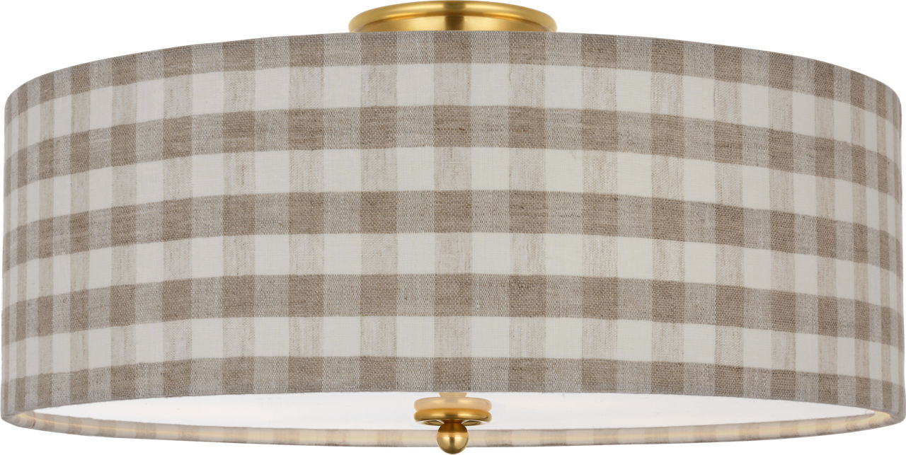 Cheever 20" Flush Mount in Hand-Rubbed Antique Brass with Schumacher Natural Sidney Check Shade