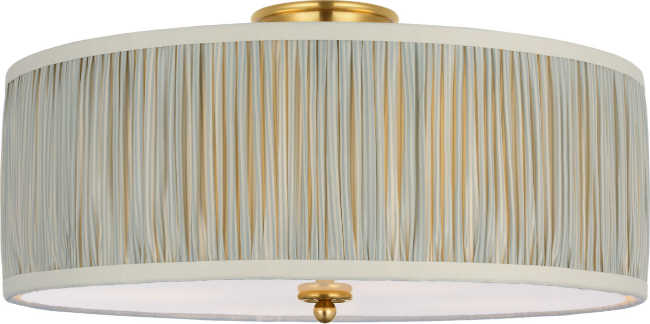Cheever 20" Flush Mount in Hand-Rubbed Antique Brass with Schumacher Blue Charee Stripe Pleated Shade