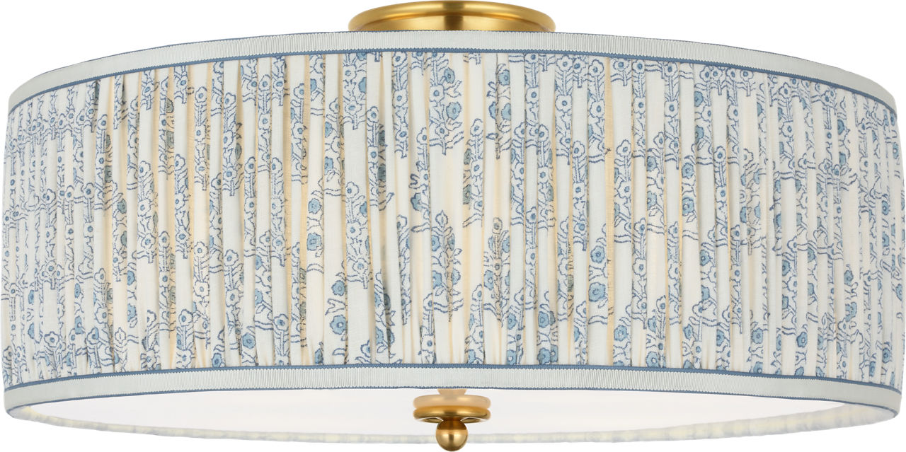 Cheever 20" Flush Mount in Hand-Rubbed Antique Brass with Schumacher Blue Aditi Pleated Shade