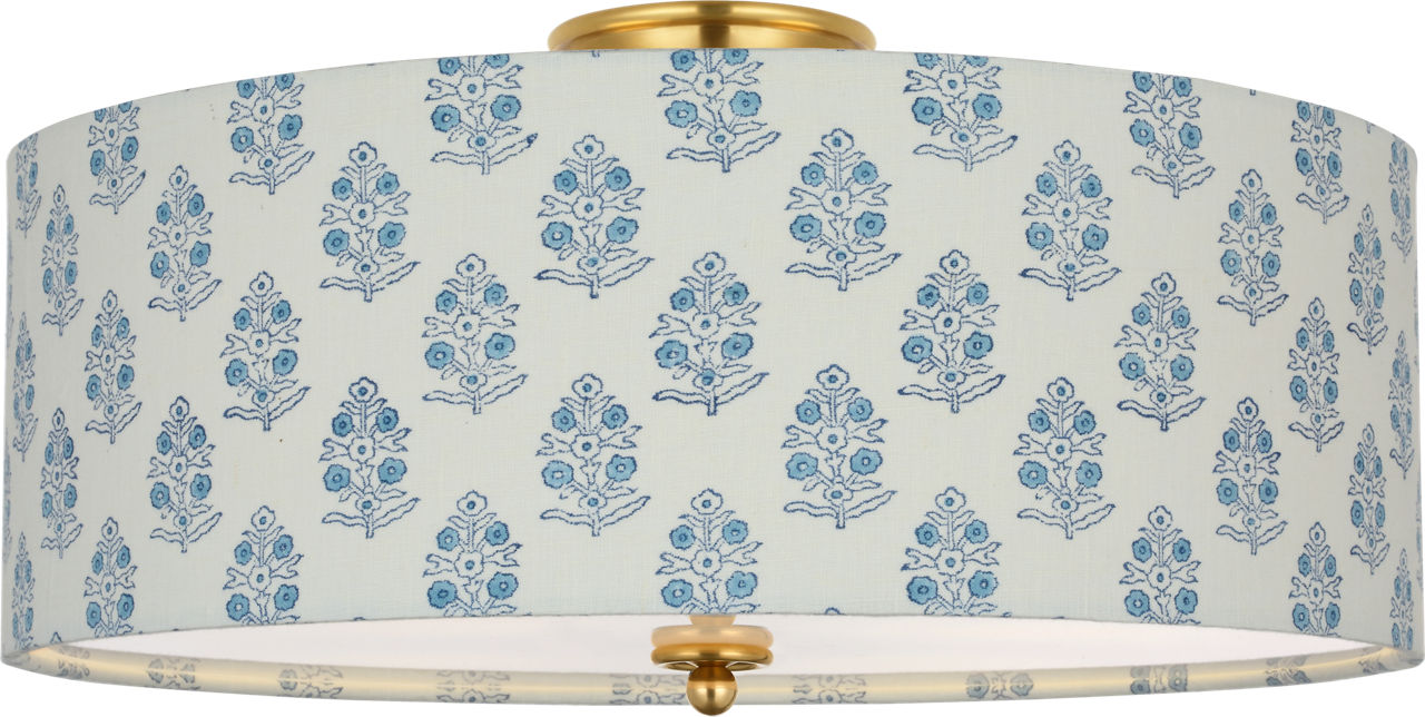 Cheever 20" Flush Mount in Hand-Rubbed Antique Brass with Schumacher Blue Aditi Shade