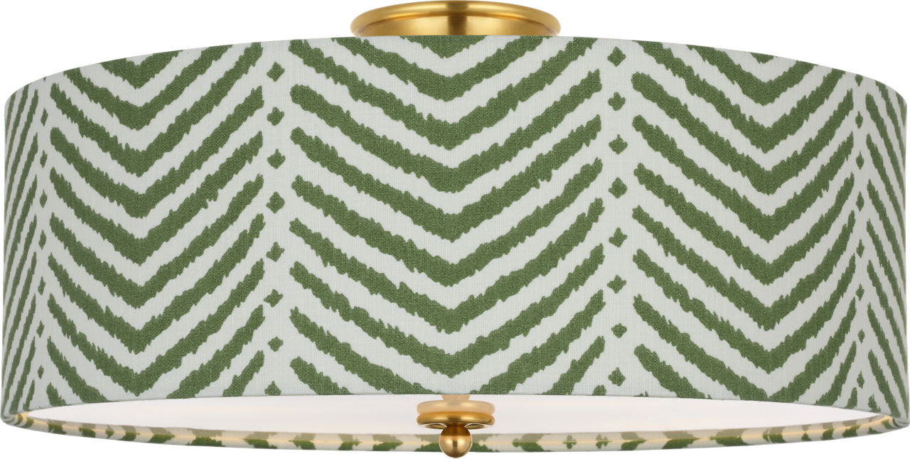 Cheever 20" Flush Mount in Hand-Rubbed Antique Brass with Schumacher Verde La Jolla Shade