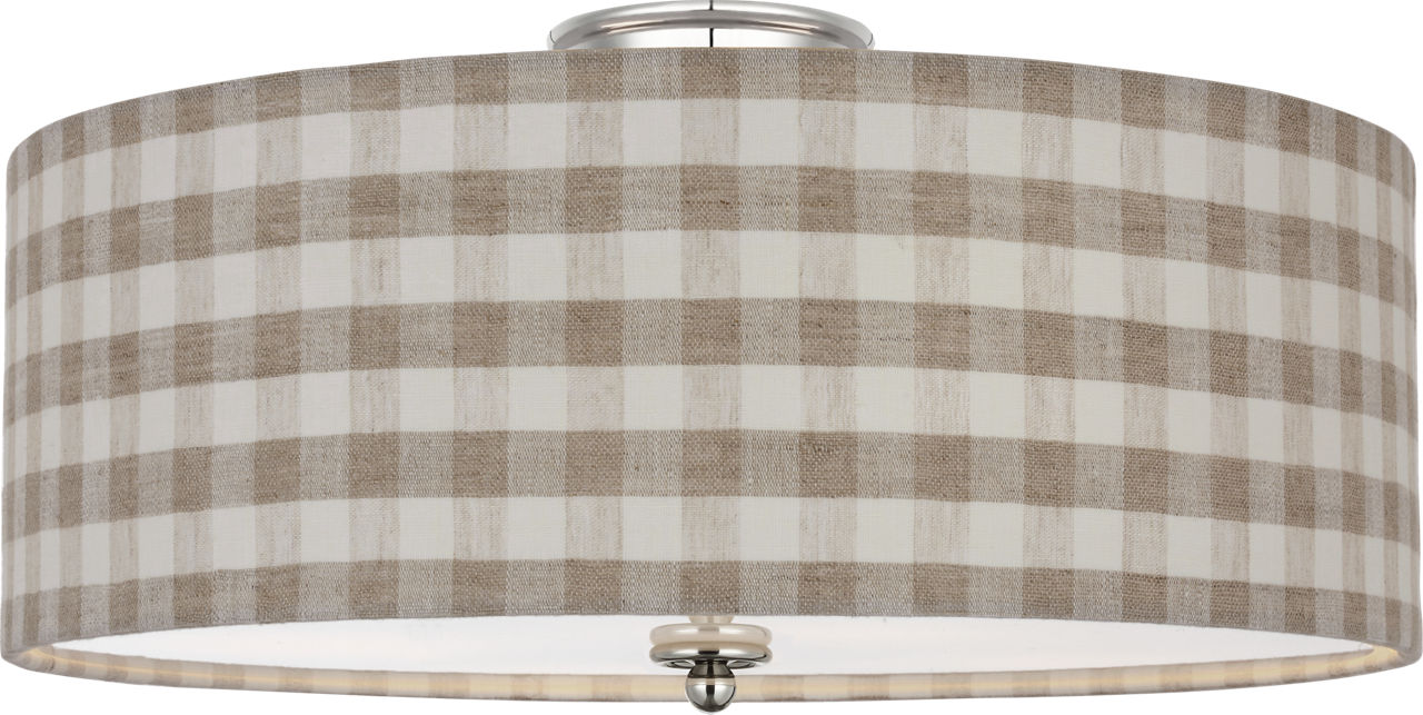 Cheever 20" Flush Mount in Polished Nickel with Schumacher Natural Sidney Check Shade