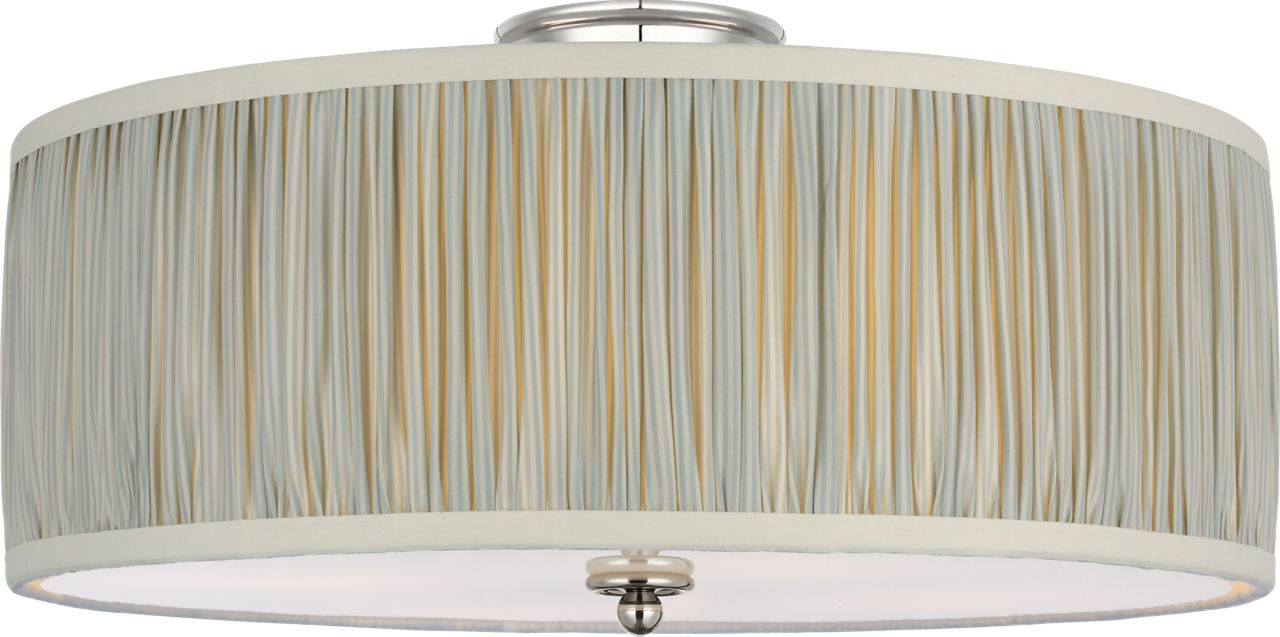 Cheever 20" Flush Mount in Polished Nickel with Schumacher Blue Charee Stripe Pleated Shade