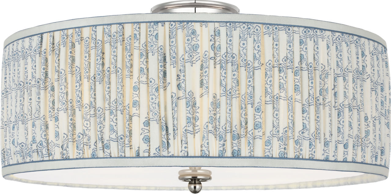 Cheever 20" Flush Mount in Polished Nickel with Schumacher Blue Aditi Pleated Shade