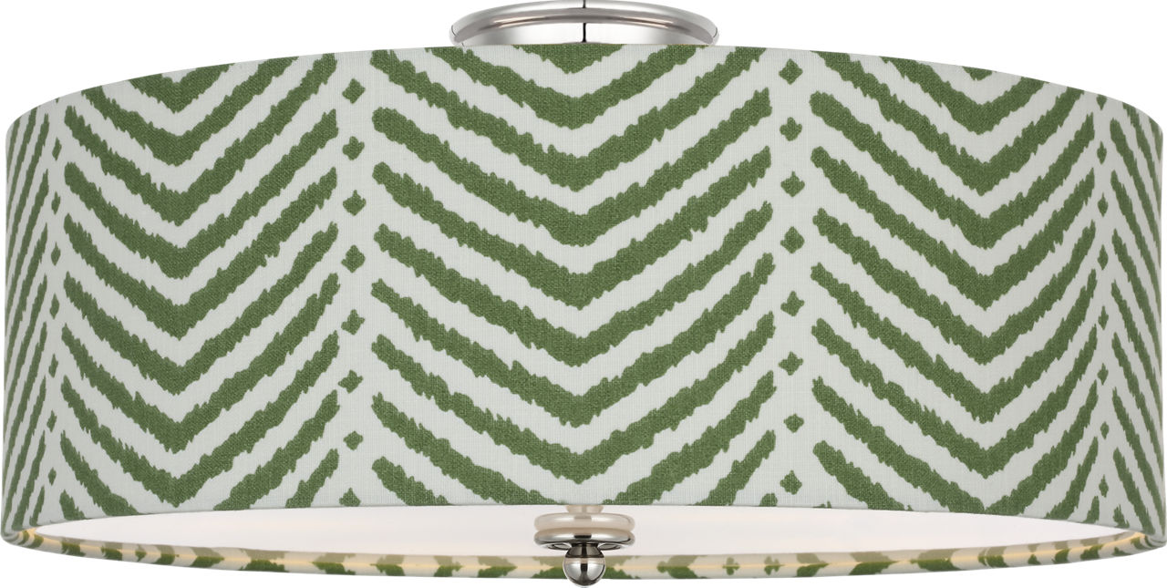 Cheever 20" Flush Mount in Polished Nickel with Schumacher Verde La Jolla Shade