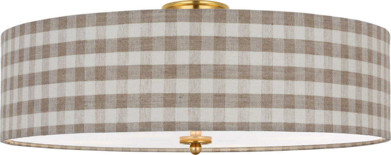 Cheever 26" Flush Mount in Hand-Rubbed Antique Brass with Schumacher Natural Sidney Check Shade