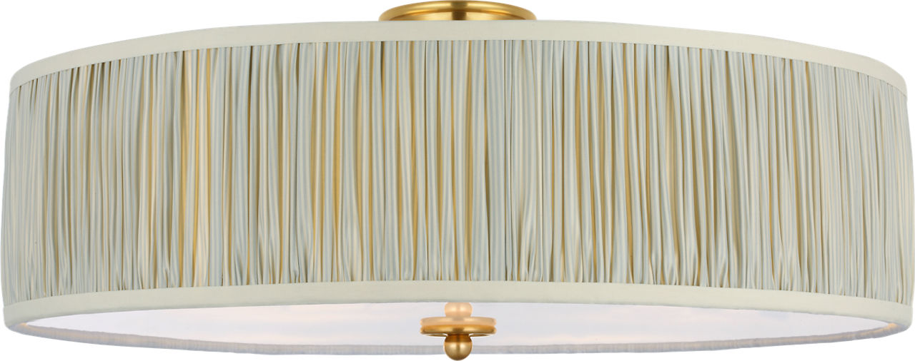 Cheever 26" Flush Mount in Hand-Rubbed Antique Brass with Schumacher Blue Charee Stripe Pleated Shade