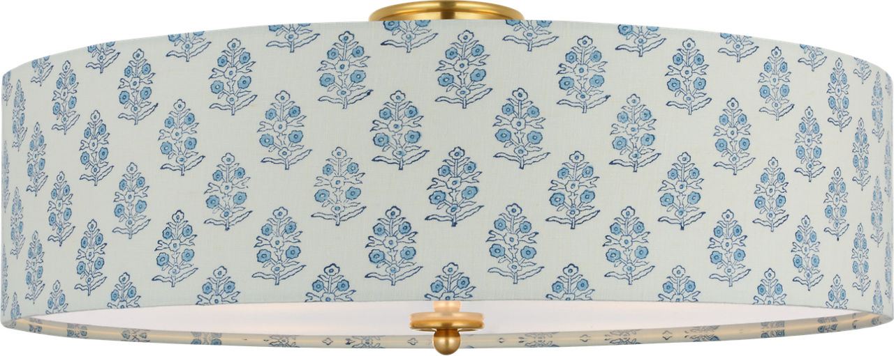 Cheever 26" Flush Mount in Hand-Rubbed Antique Brass with Schumacher Blue Aditi Shade