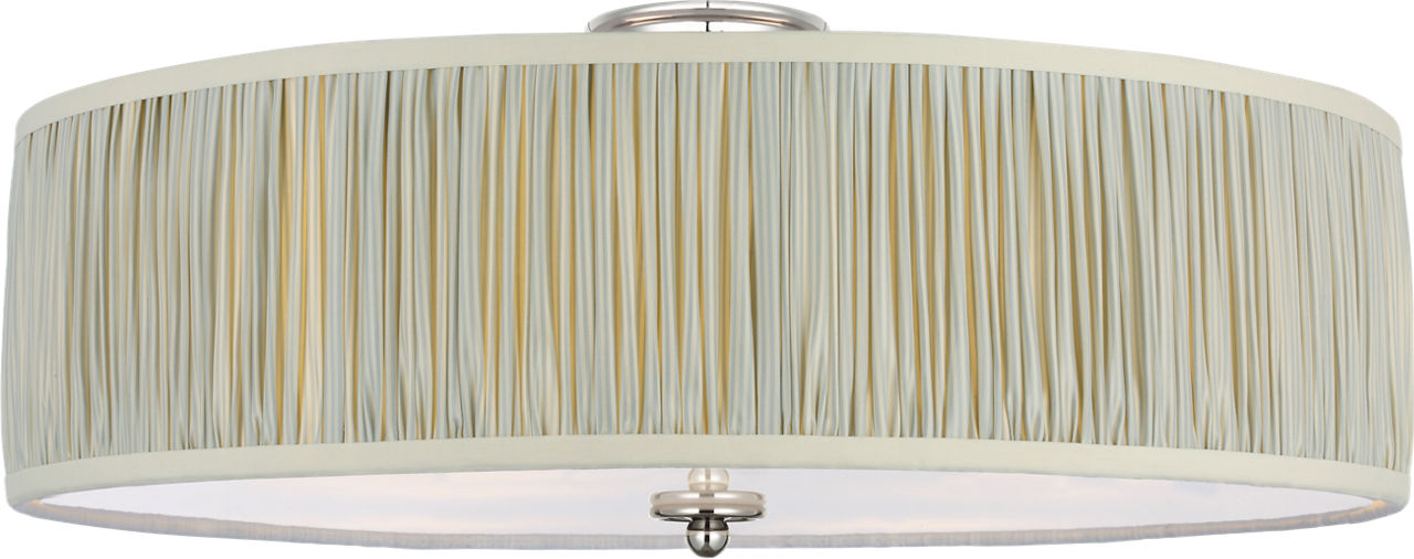Cheever 26" Flush Mount in Polished Nickel with Schumacher Blue Charee Stripe Pleated Shade